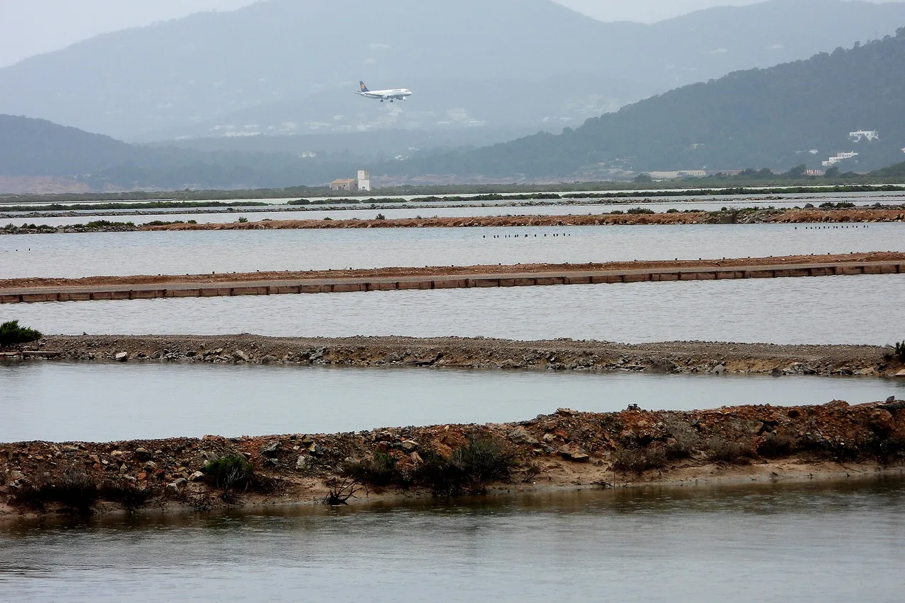 Die Verdunstungsbecken der Salinen von Ibiza, getrennt durch rötliche Erddämme, unter diesigem Himmel, im Hintergrund Hügel und ein Verkehrsflugzeug im Anflug über dem Naturpark.