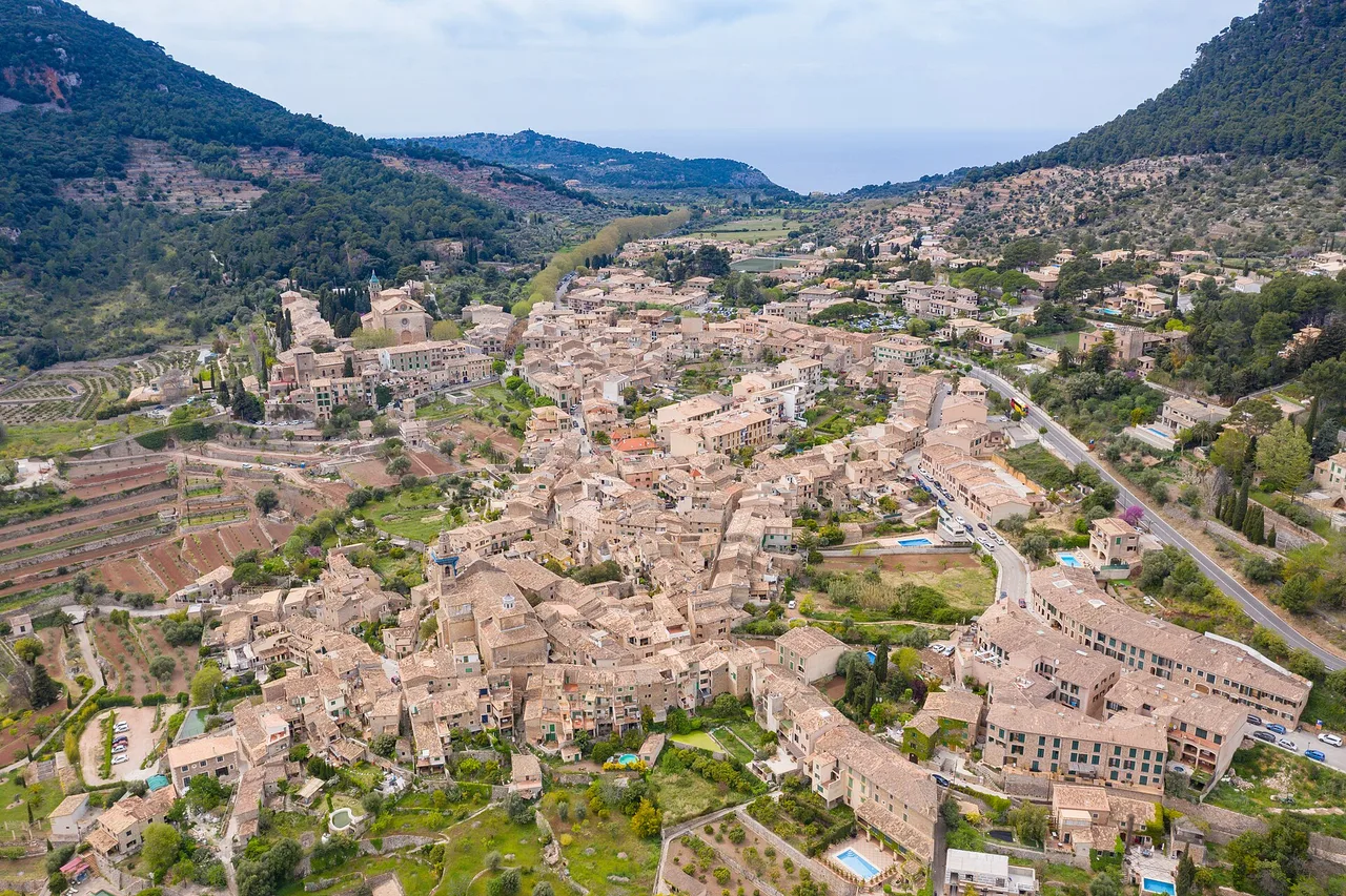 An aerial view of Valldemossa: the golden stone village packed into the floor of its valley, its cultivated terraces to the left, and the Tramuntana road running past on the right with cars parked at an angle.
