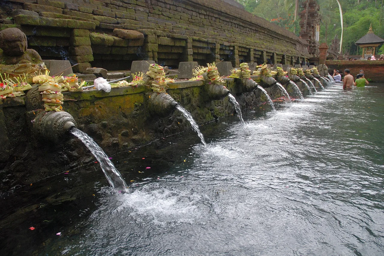 A row of water spouts in a stone wall at the Tirta Empul spring temple, with offerings in front and water running