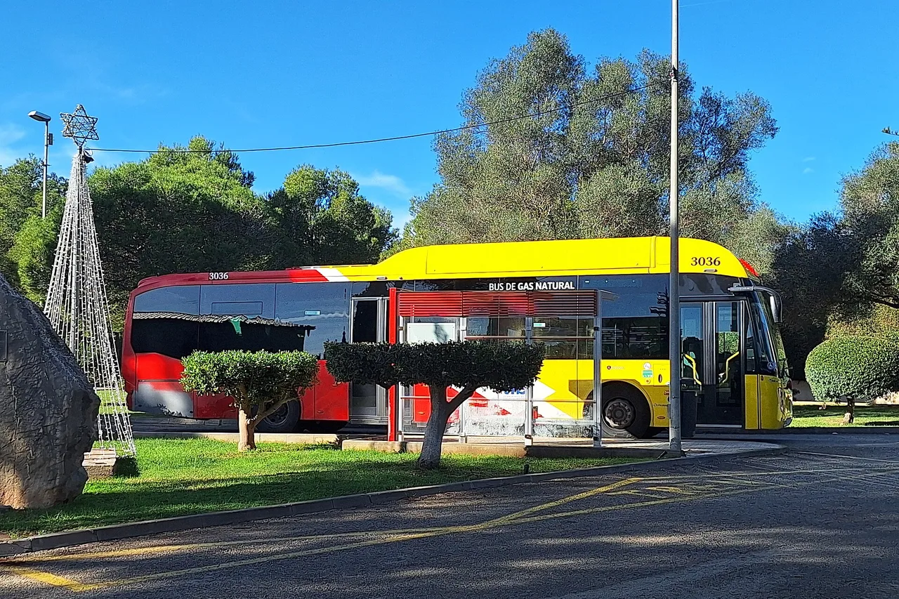 Bus rouge et jaune au gaz naturel du réseau TIB, ligne 412, à un arrêt de Costa dels Pins, Majorque