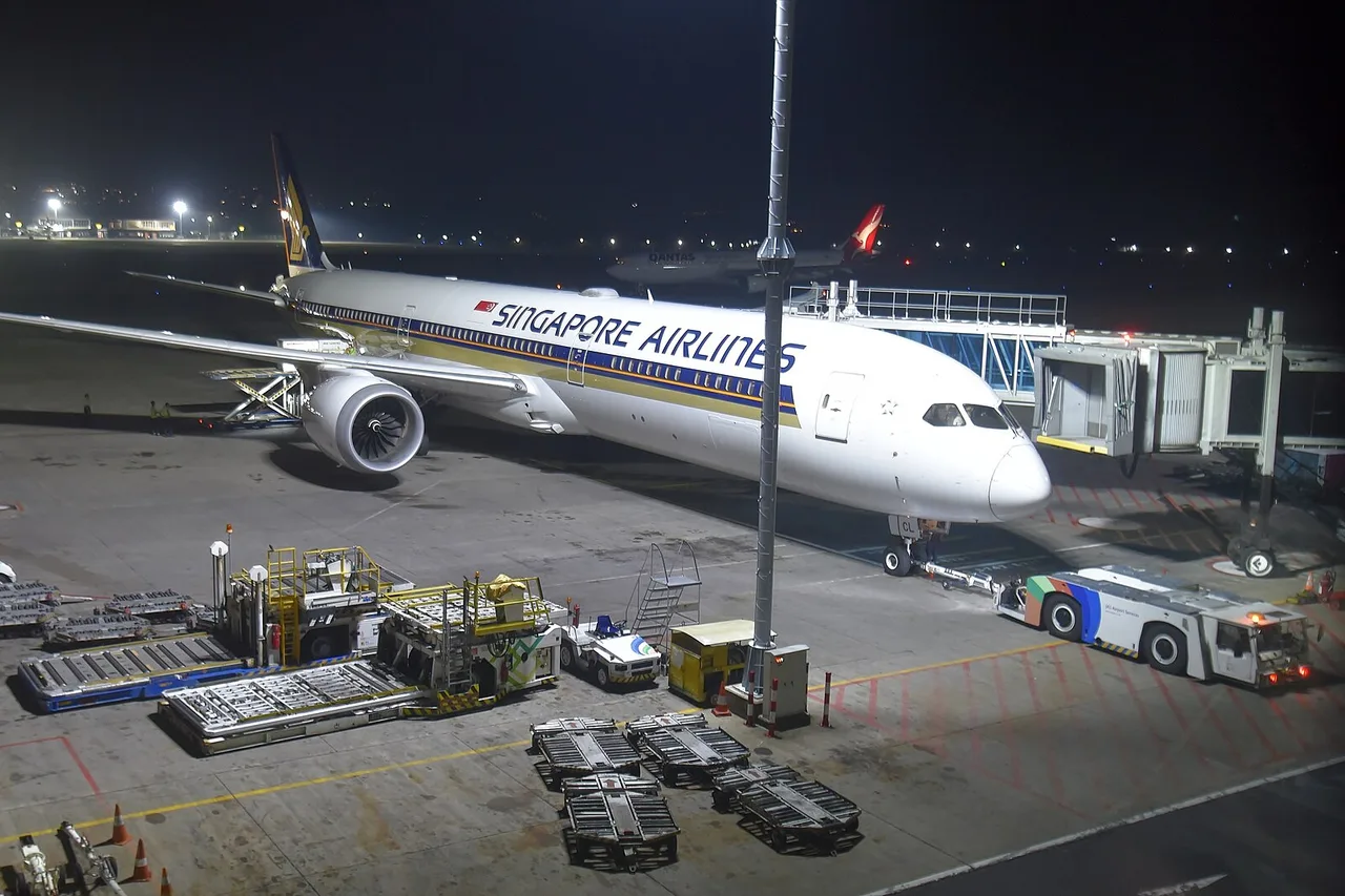 Eine Boeing 787 von Singapore Airlines nachts an der Fluggastbrücke, davor Gepäckwagen und Fahrzeuge auf dem Vorfeld