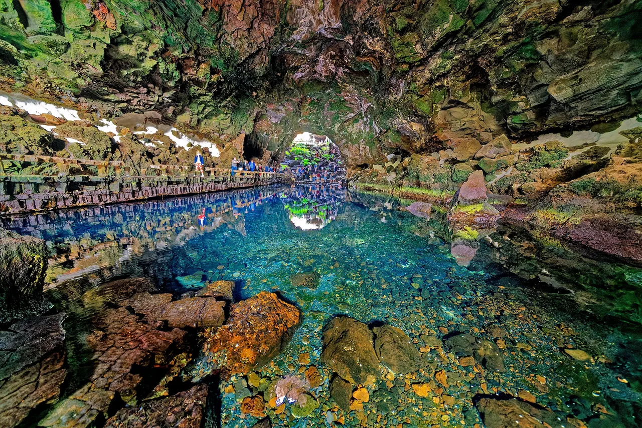 The turquoise underground lagoon at Jameos del Agua, inside a lava tube shaped by César Manrique