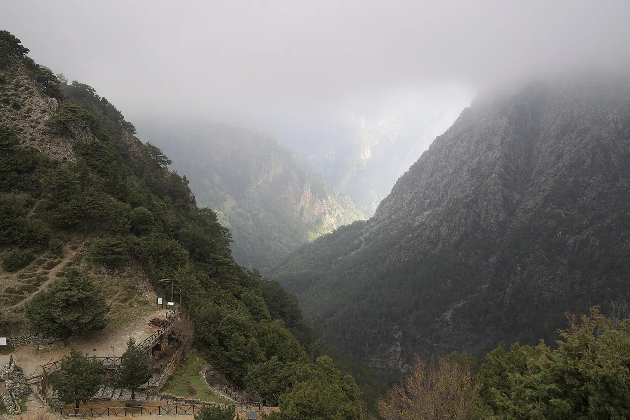Las dos laderas boscosas de las gargantas de Samaria cerrándose sobre un fondo de valle cubierto de niebla, con el sendero y su barandilla de madera en primer plano.