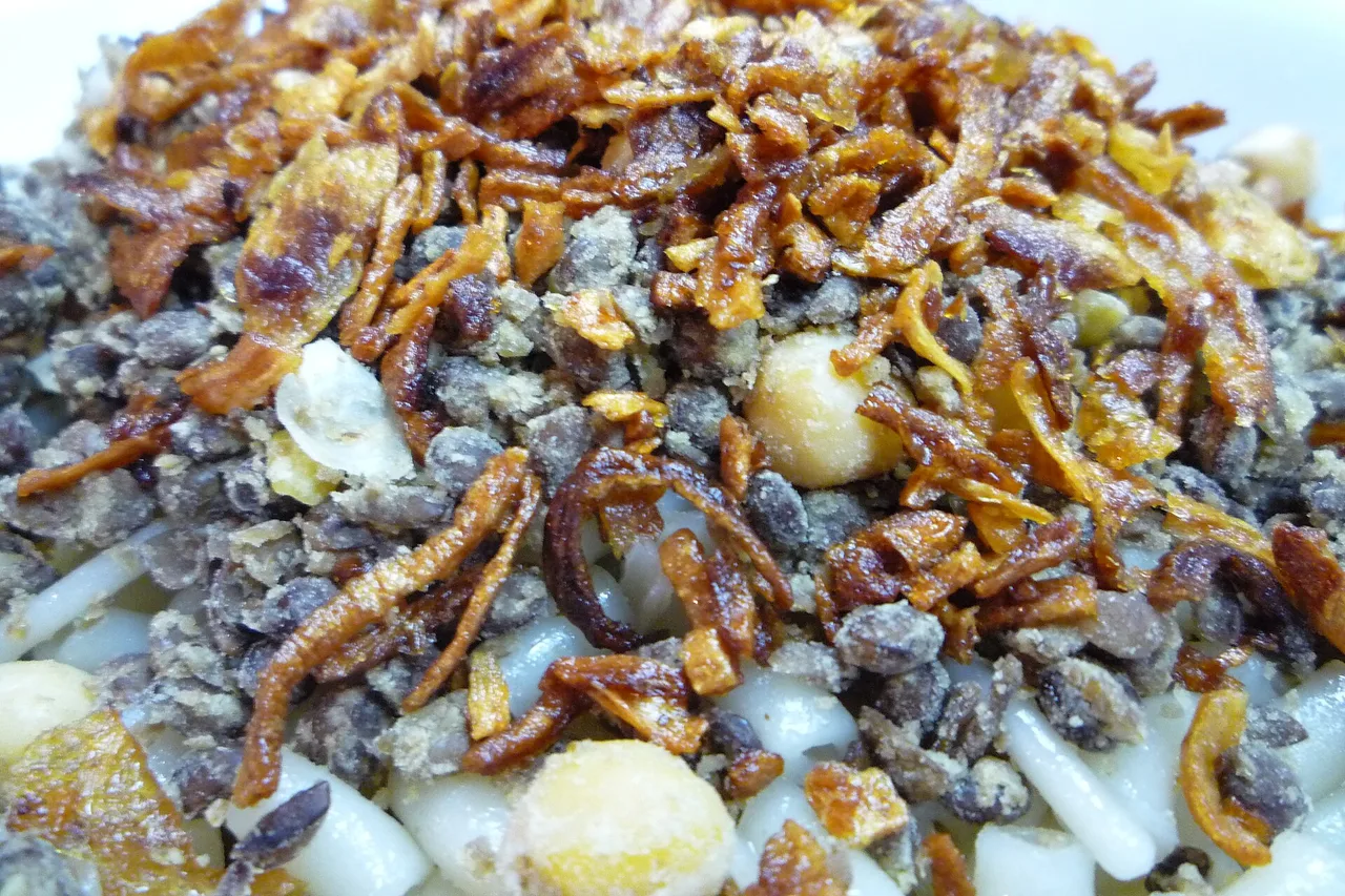 Primo piano di un piatto di koshari: riso, lenticchie, ceci e cipolle fritte croccanti.