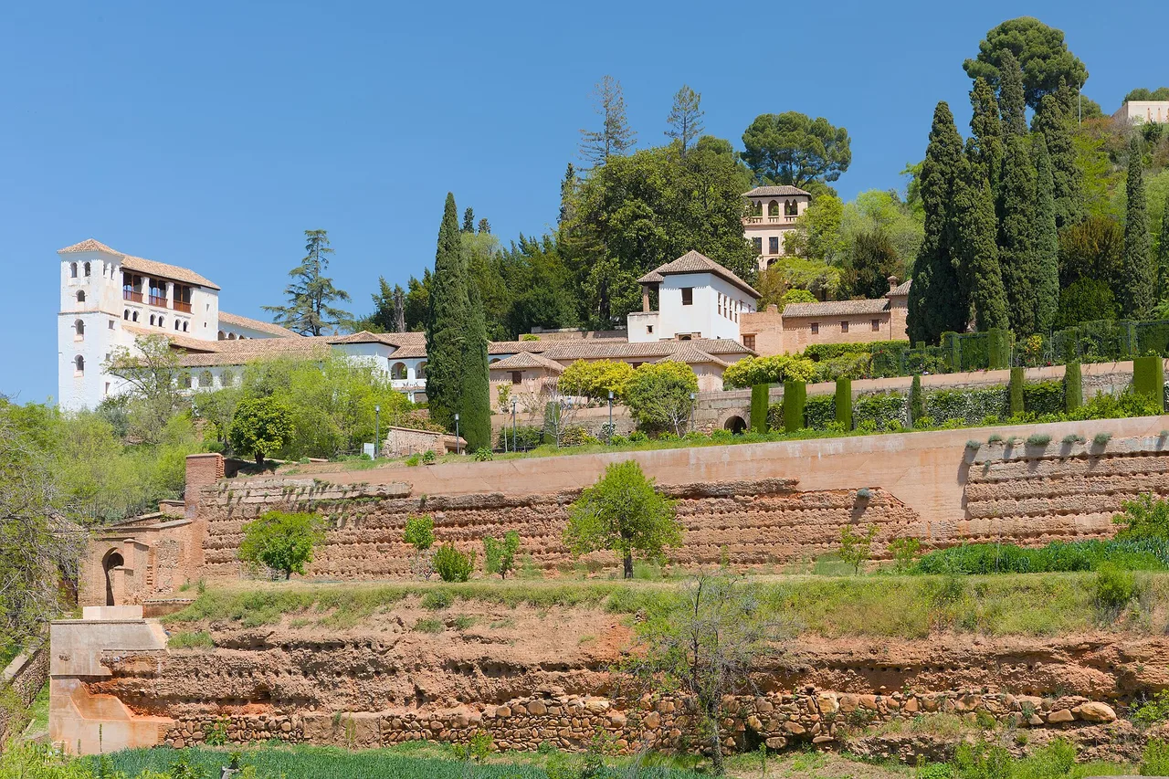 The Generalife and its terraced gardens, seen from the Partal gardens of the Alhambra in Granada