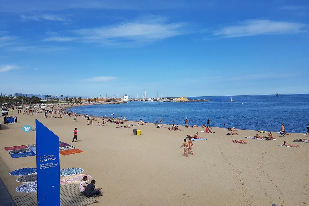 Barceloneta beach in Barcelona, sand, swimmers and open sea