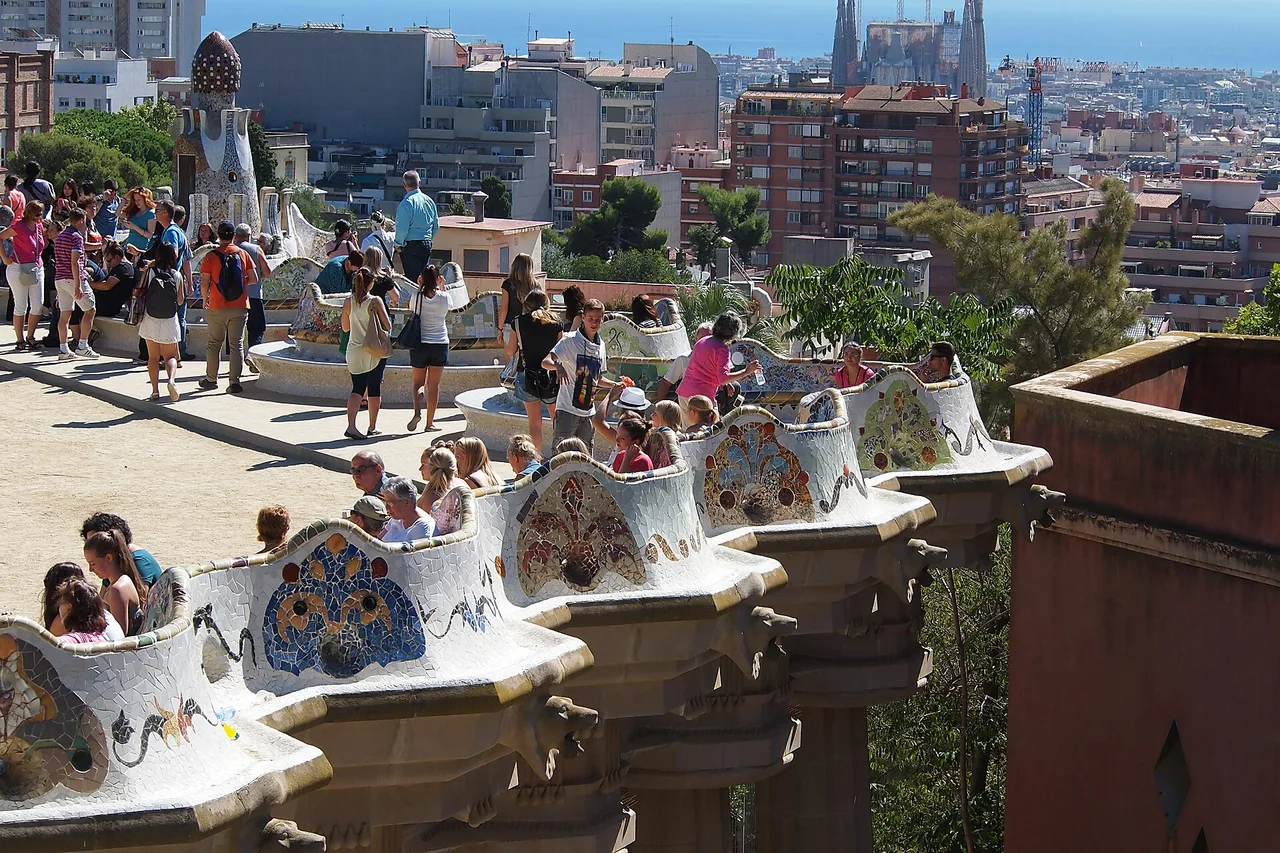 Barcelona seen from the Park Güell terrace, the city and the sea beyond