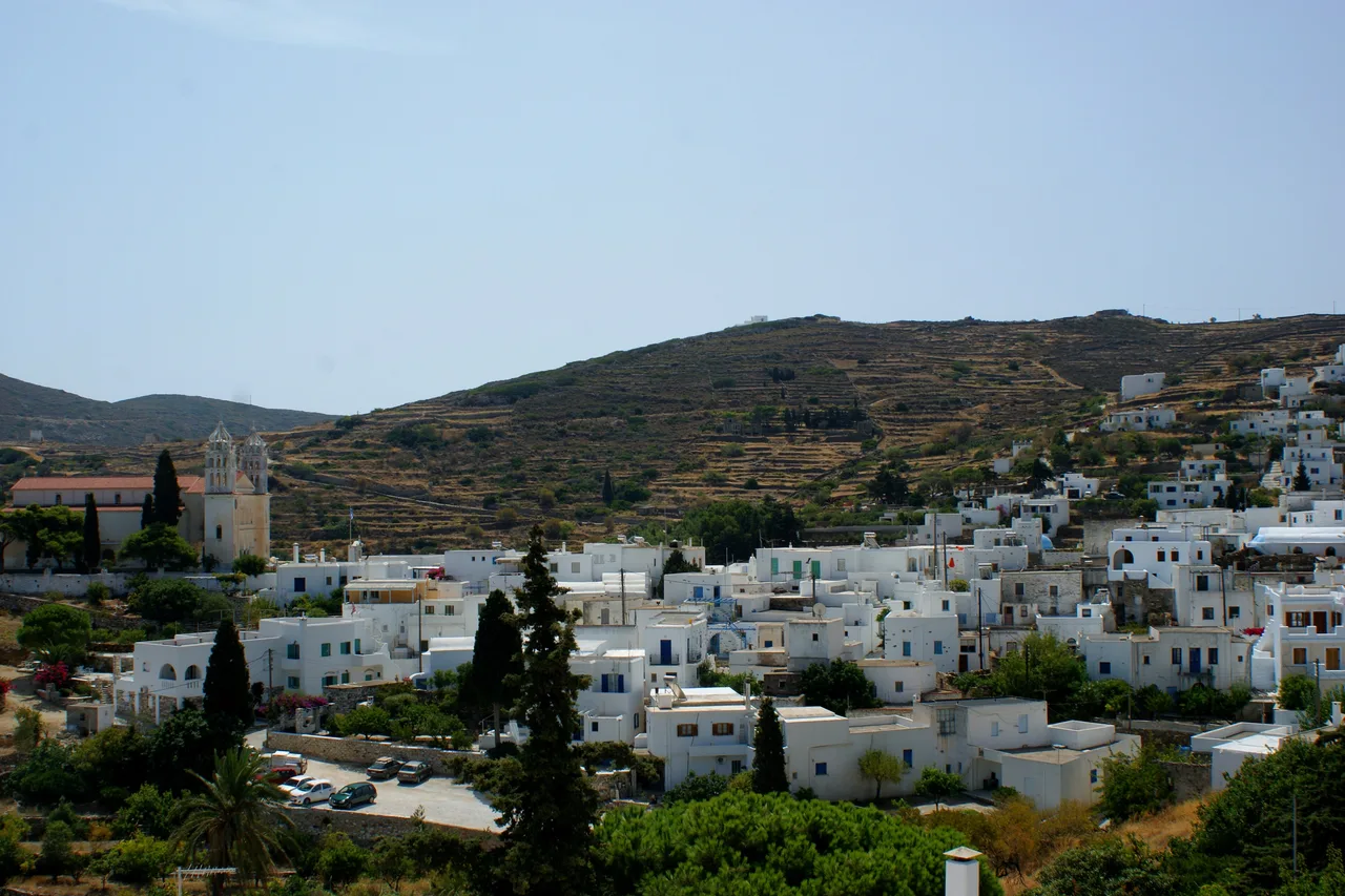 The village of Lefkes inland on Paros, white houses and dry hills