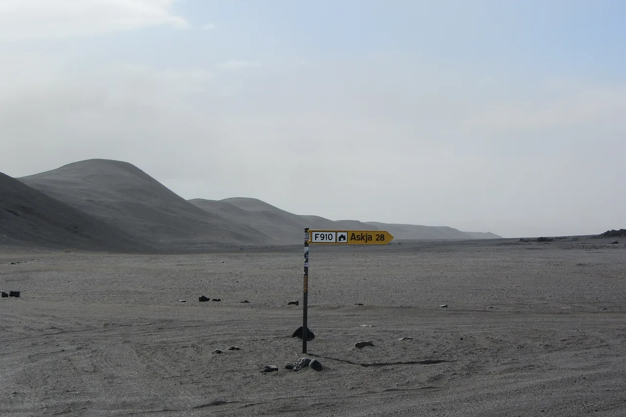 Ein gelber Wegweiser mit der Aufschrift F910 und Askja 28 steht in einer grauen, vulkanischen Sandfläche, dahinter flache Hügel im Dunst