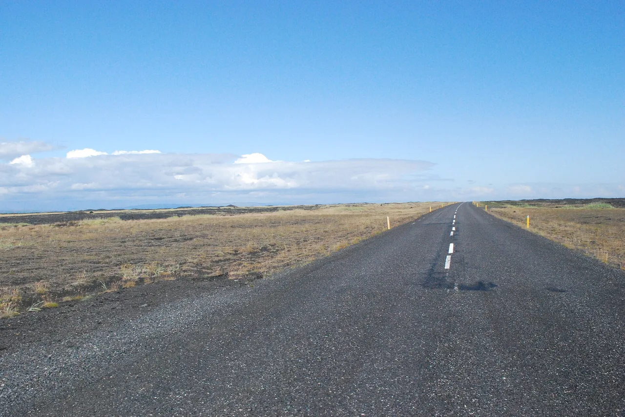 Eine gerade Asphaltstraße durch eine flache Ebene aus dunkler Lava und spärlichem Gras in Südisland, am Rand gelbe Begrenzungspfosten, am Horizont Wolken