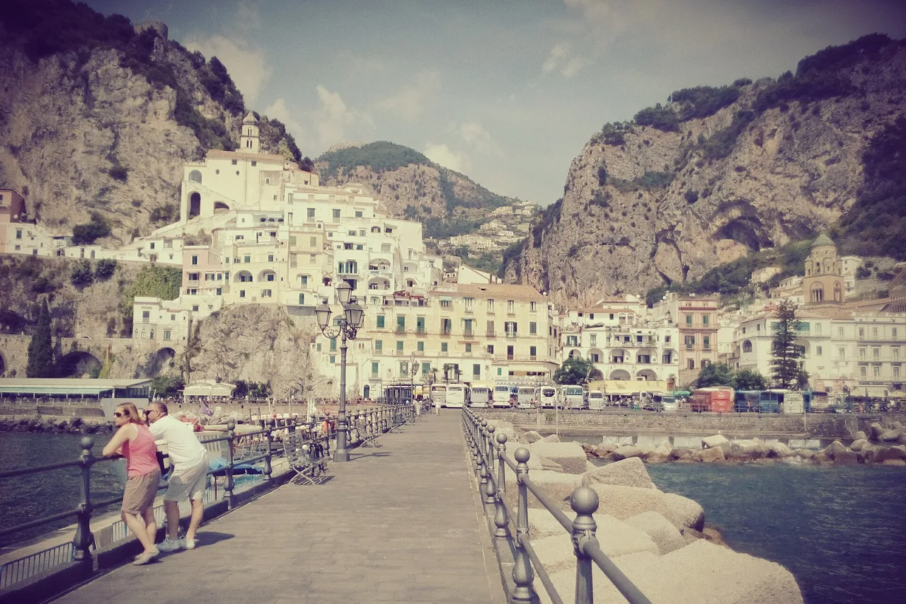 The ferry quay at Amalfi, looking back at the town from the landing stage