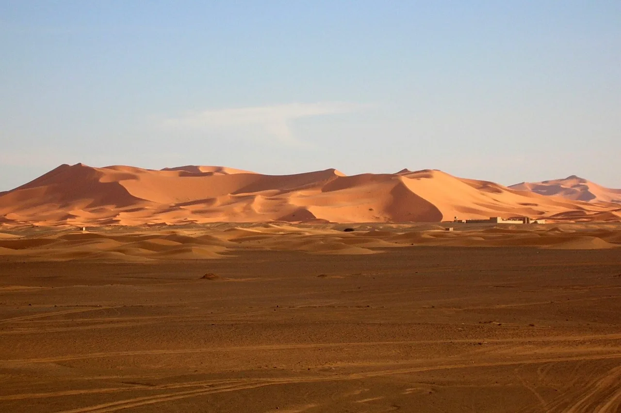 Las dunas de Merzouga vistas desde la llanura pedregosa: el erg se levanta como un muro de arena