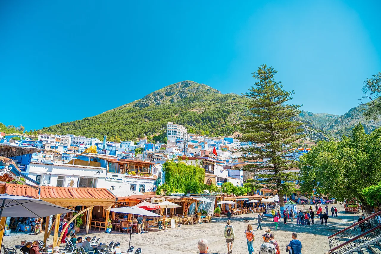 Chefchaouen, the blue town of the Rif, seen from above with the mountain behind