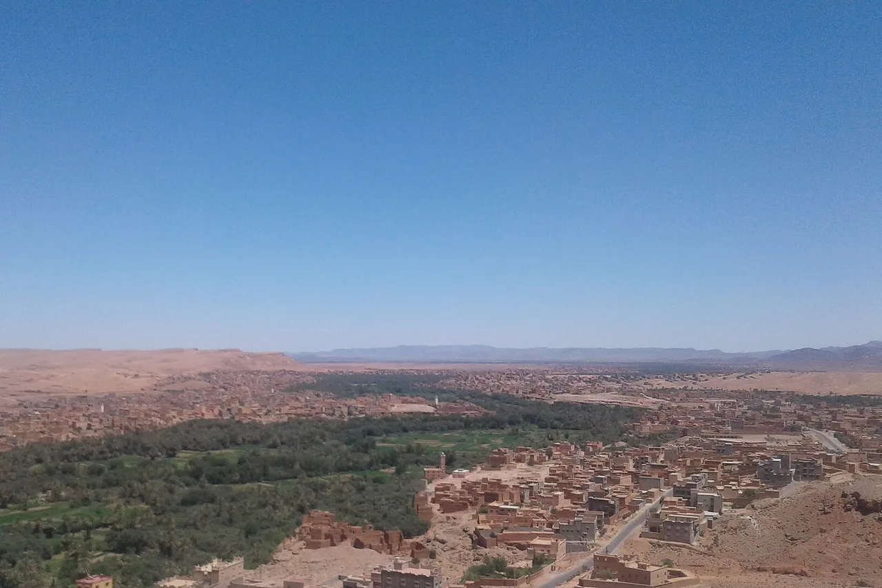The oasis of Tinghir: a long ribbon of bright green palm trees in the middle of a bare ochre plain