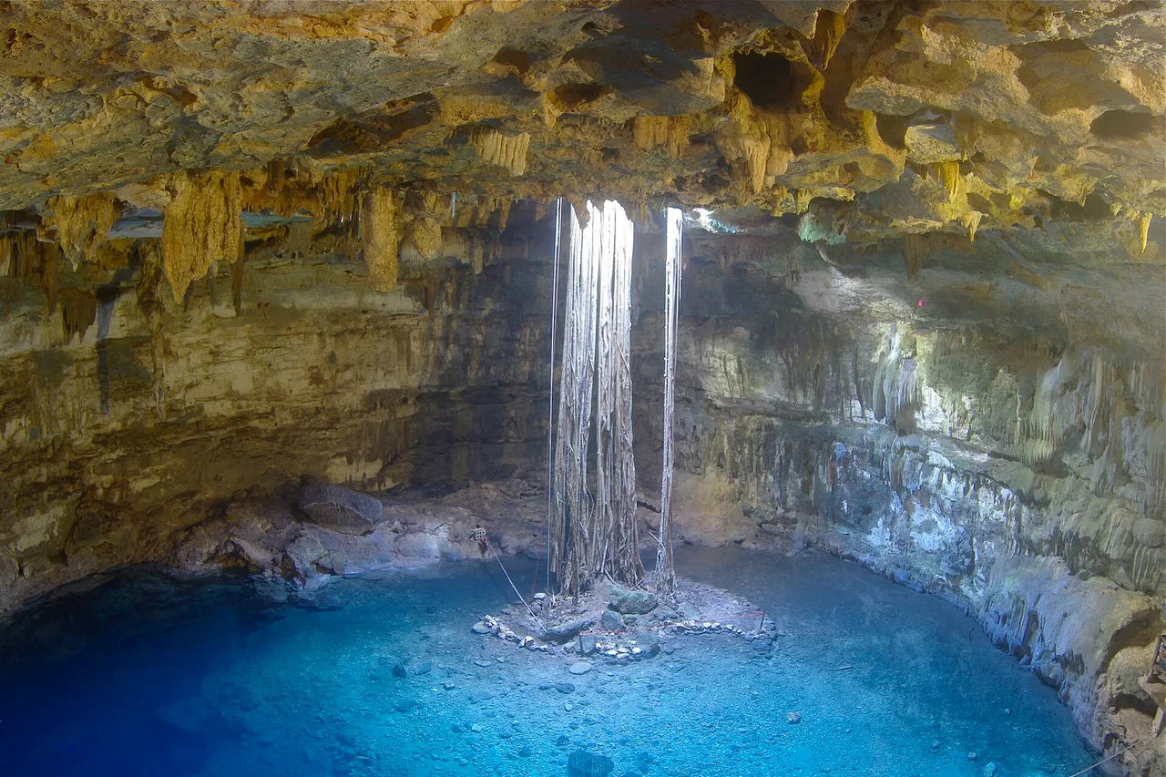 L’intérieur du cénote Dzitnup : un rayon de lumière et des racines tombent de la voûte sur une eau bleue