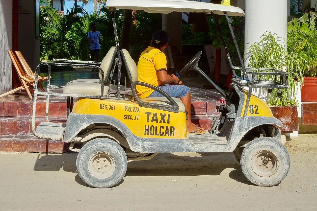 A golf cart used as a taxi on Holbox island, parked on the sand in front of the vegetation