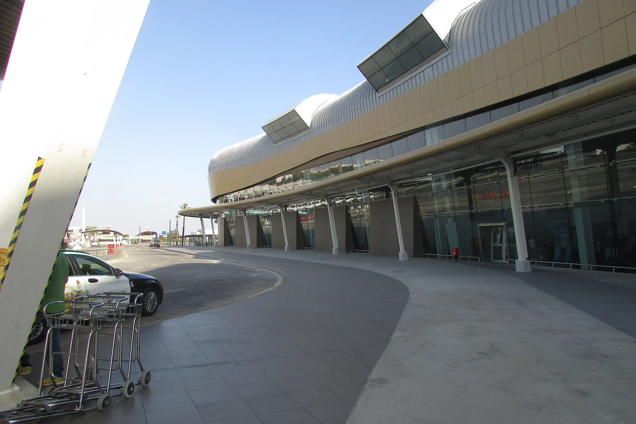 Außenansicht des Terminals am Flughafen Faro mit Vordach, Gepäckwagen und einem Auto im Ankunftsbereich