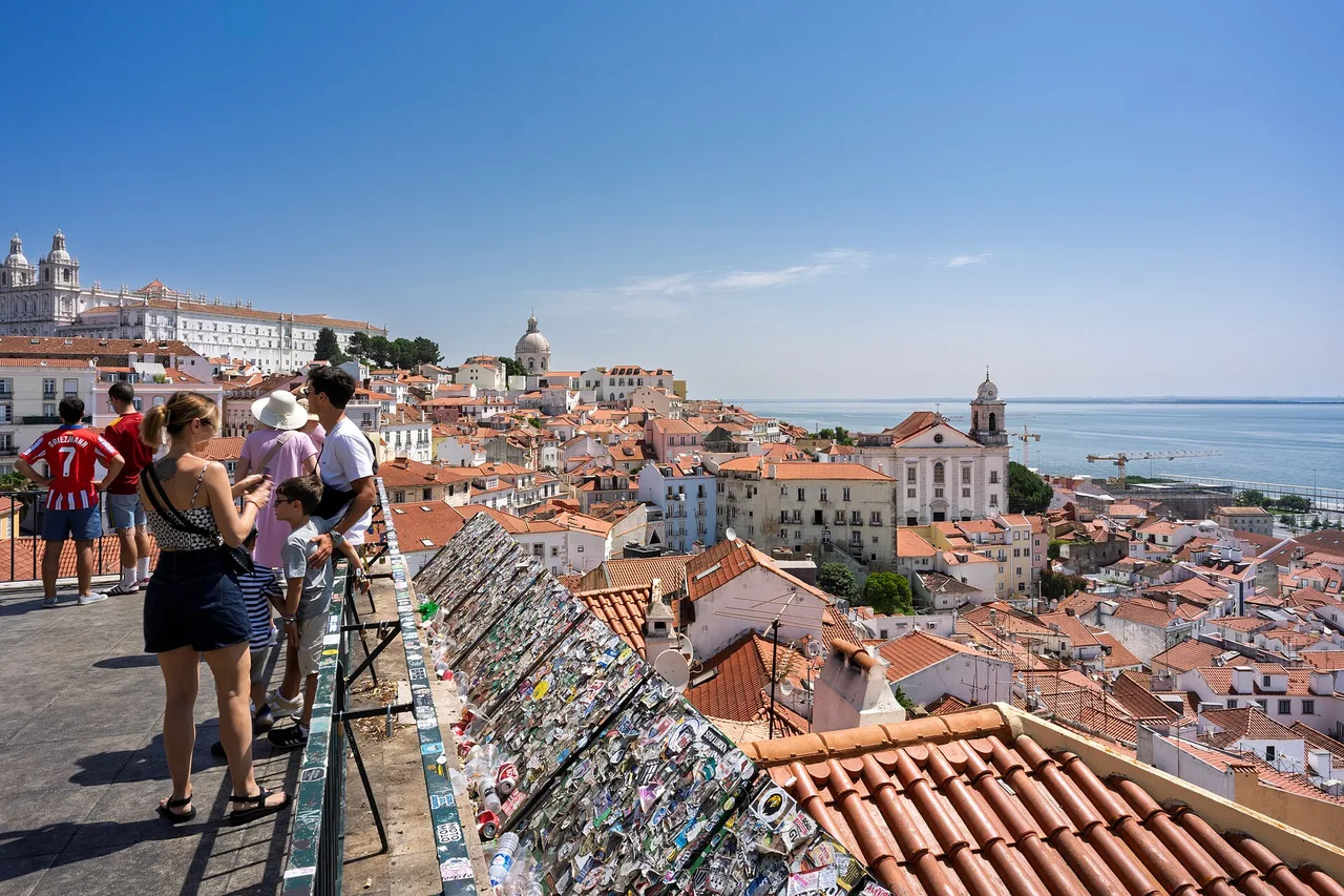 The rooftops of Alfama and the Tagus seen from the Santa Luzia viewpoint in Lisbon