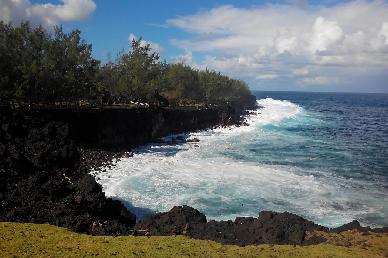 Schwarze Lavaklippen am Cap Méchant, von Wellen gepeitscht, Schraubenbäume an der Küste — Wilder Süden von La Réunion