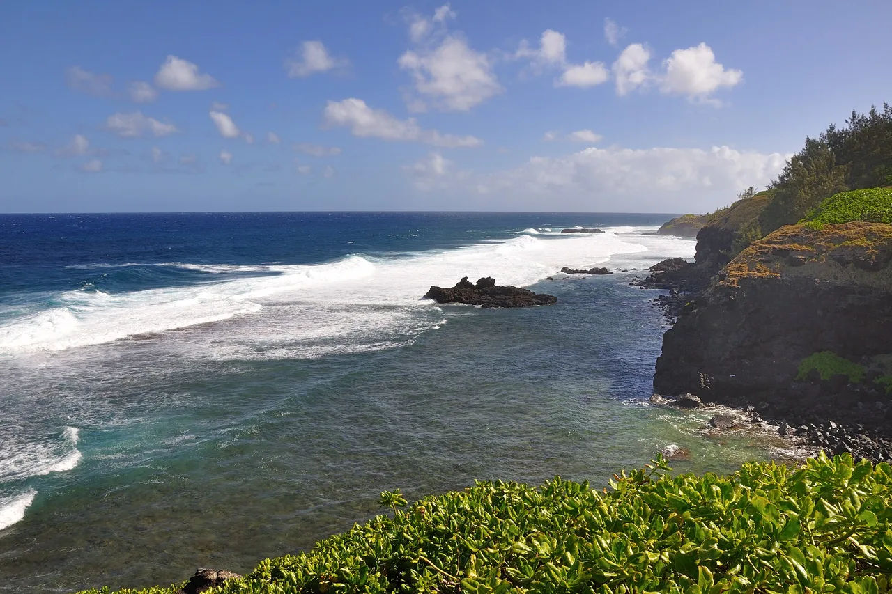 Cliffs and reefs pounded by waves at La Roche qui Pleure near Souillac, Mauritius