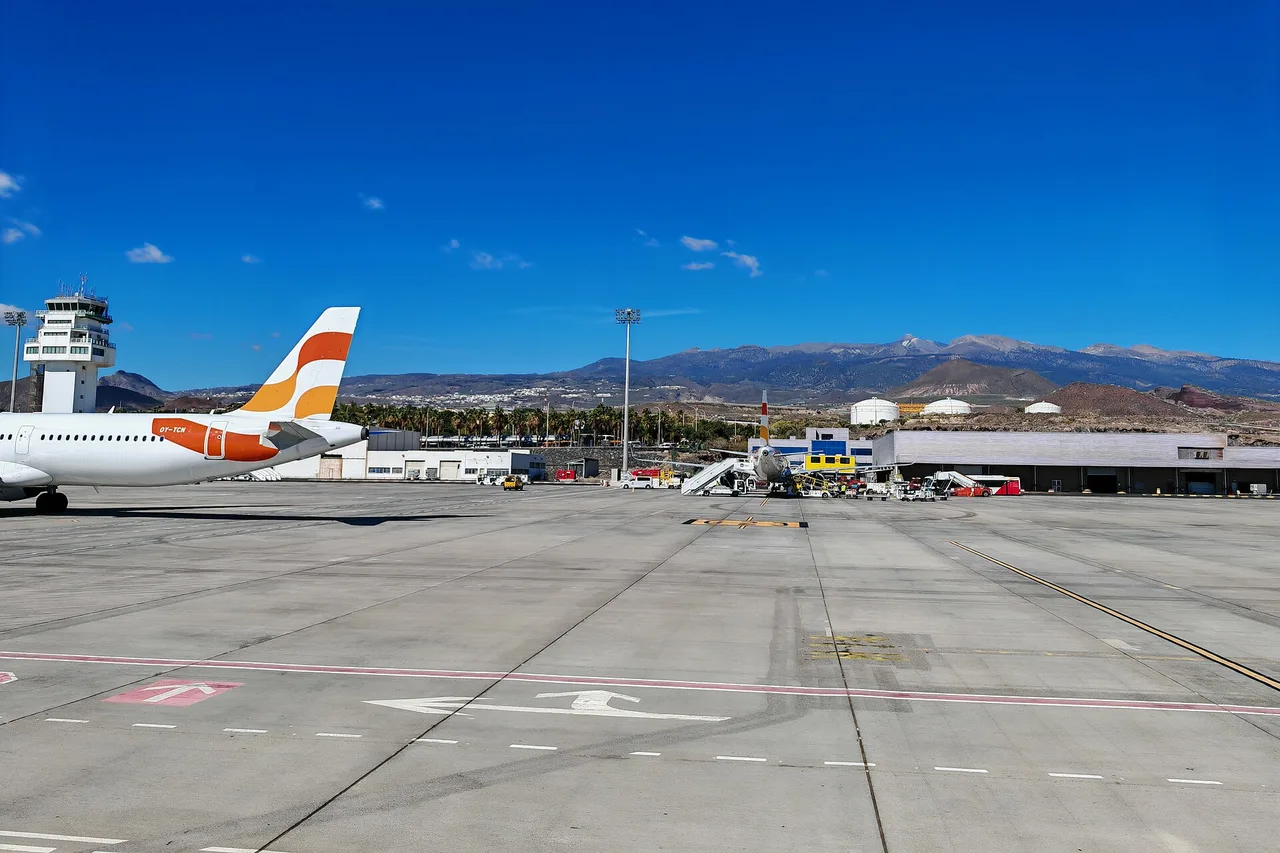 Vorfeld des Flughafens Teneriffa Süd (TFS) mit Ferienflieger und Bergkulisse