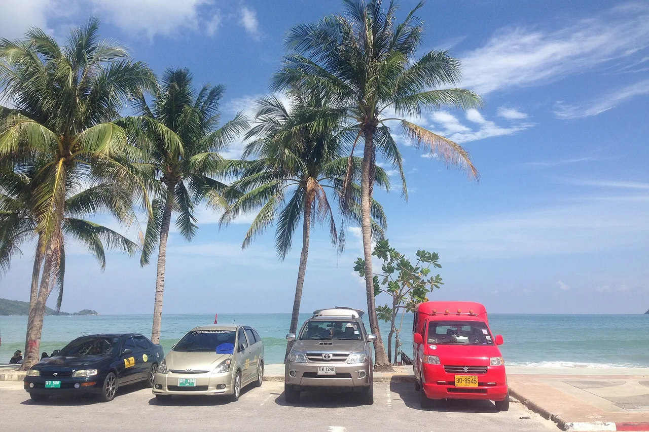 Unter Palmen geparkte Autos entlang der Strandpromenade von Patong, Phuket, Thailand