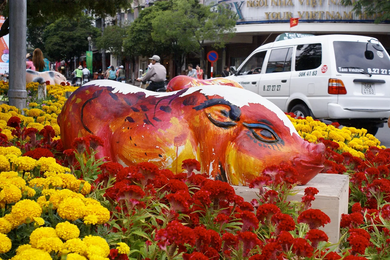 Ein rot und orange bemaltes Schwein zwischen gelben und roten Blumen als Tết-Dekoration, dahinter ein weißer Kleinbus und Passanten