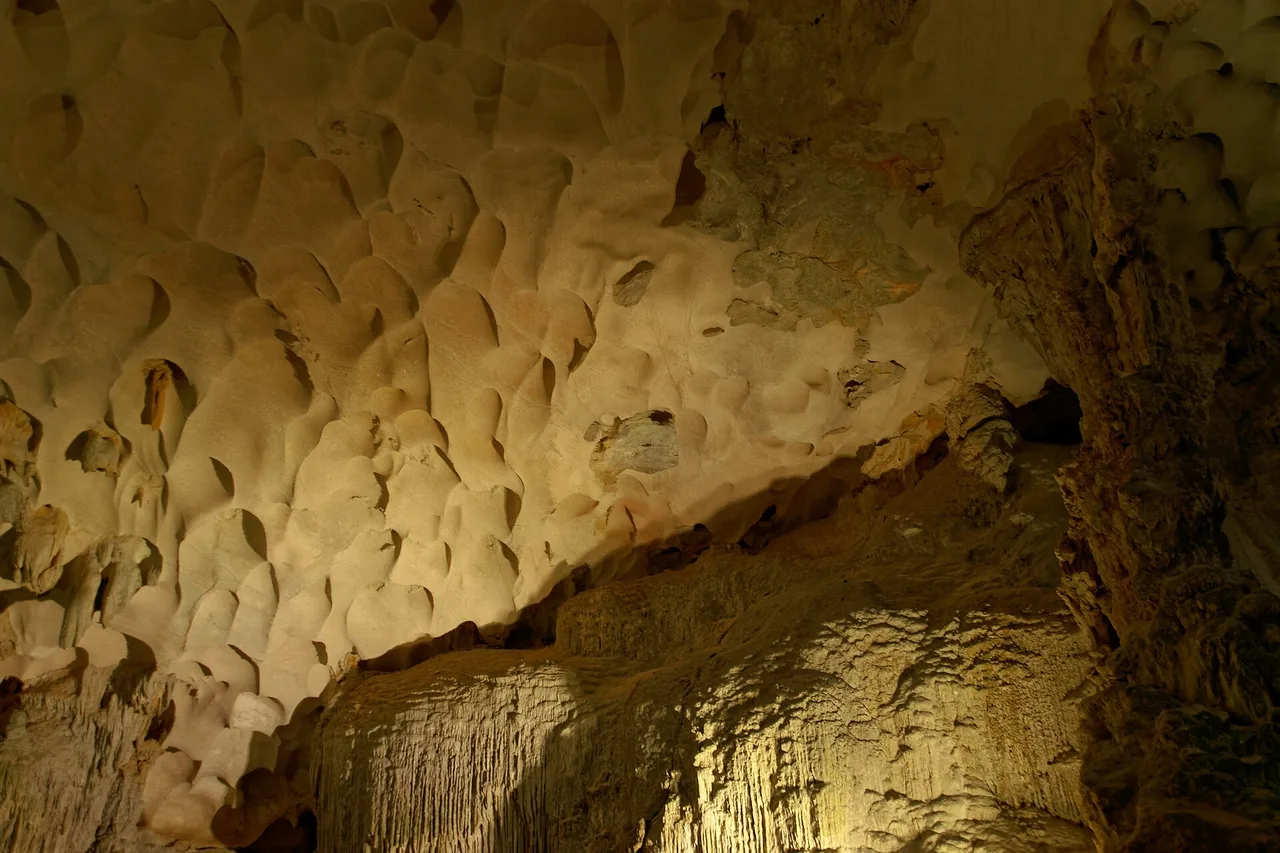 Le plafond éclairé de la grotte de Sửng Sốt, creusé d'alvéoles par l'eau, dans la baie d'Halong