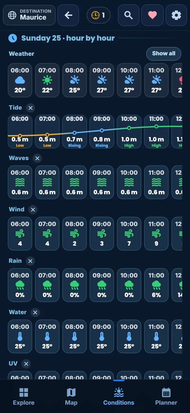 Tide, waves, wind, rain: hour by hour