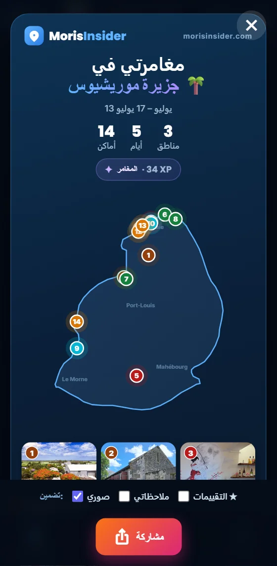 معاينة مشاركة المفكرة: العنوان والتواريخ وعدد الأماكن والأيام والمناطق وخريطة موريشيوس ومربعات الاختيار