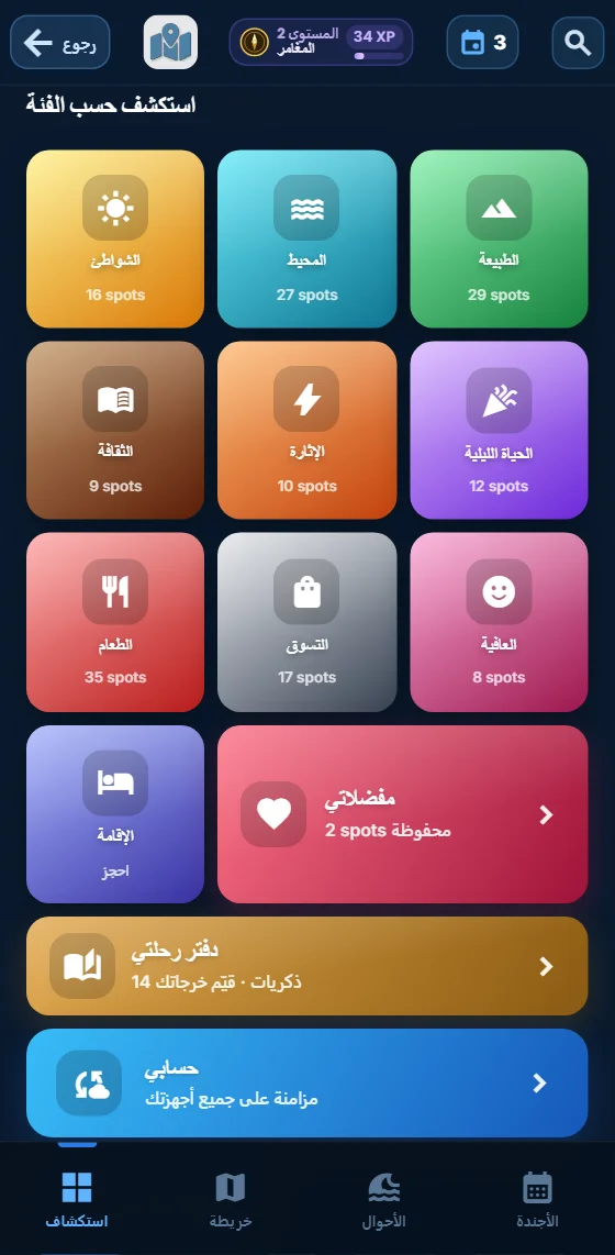 فئات التجارب في تطبيق Moris Insider