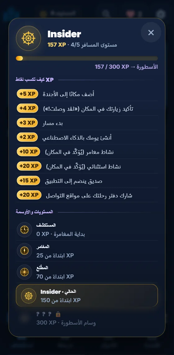 مستوياتك وتقدم نقاط الخبرة في تطبيق Moris Insider