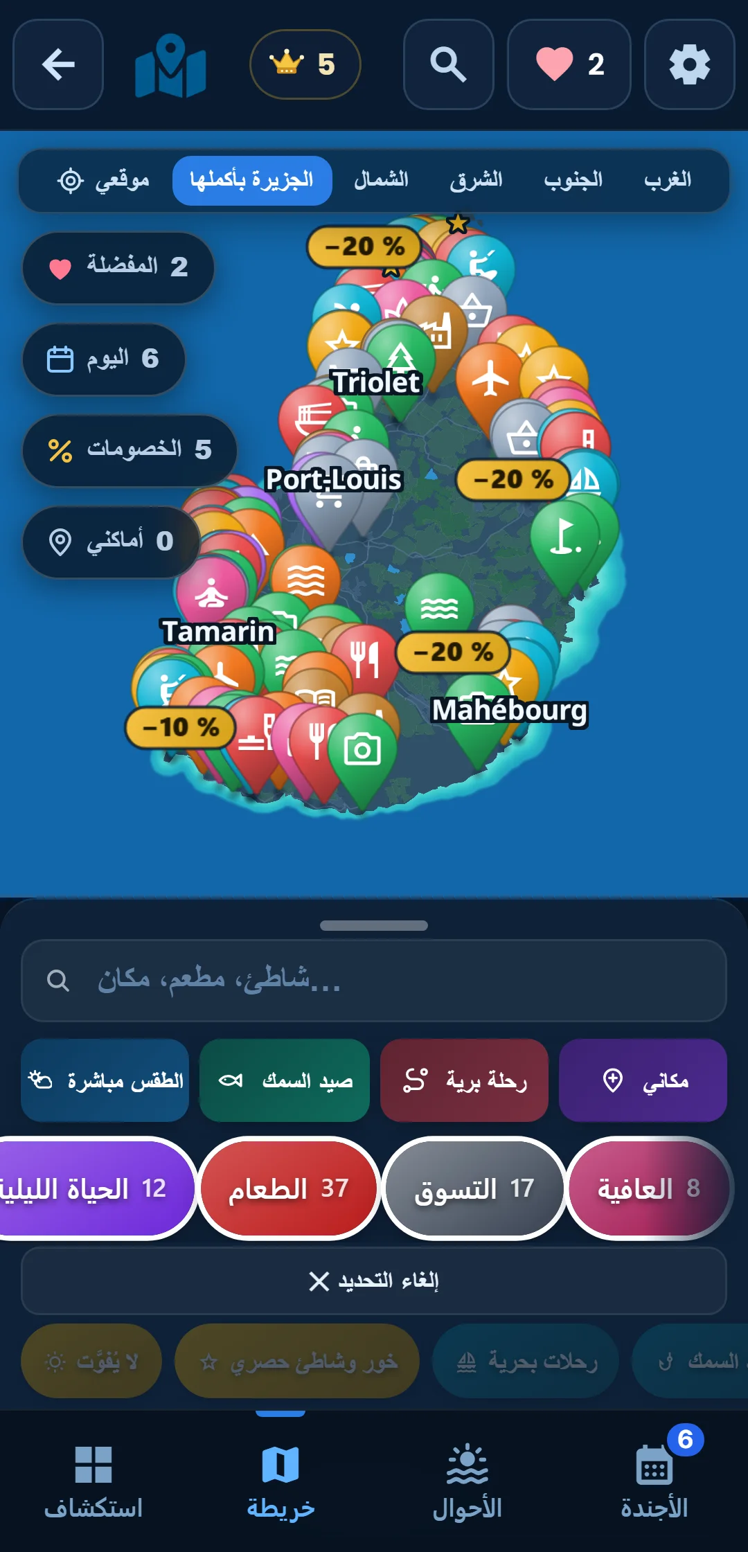 الفئات الفرعية — كل فئة تتفرّع: في « المحيط » احتفظ بالغطس السطحي فقط.