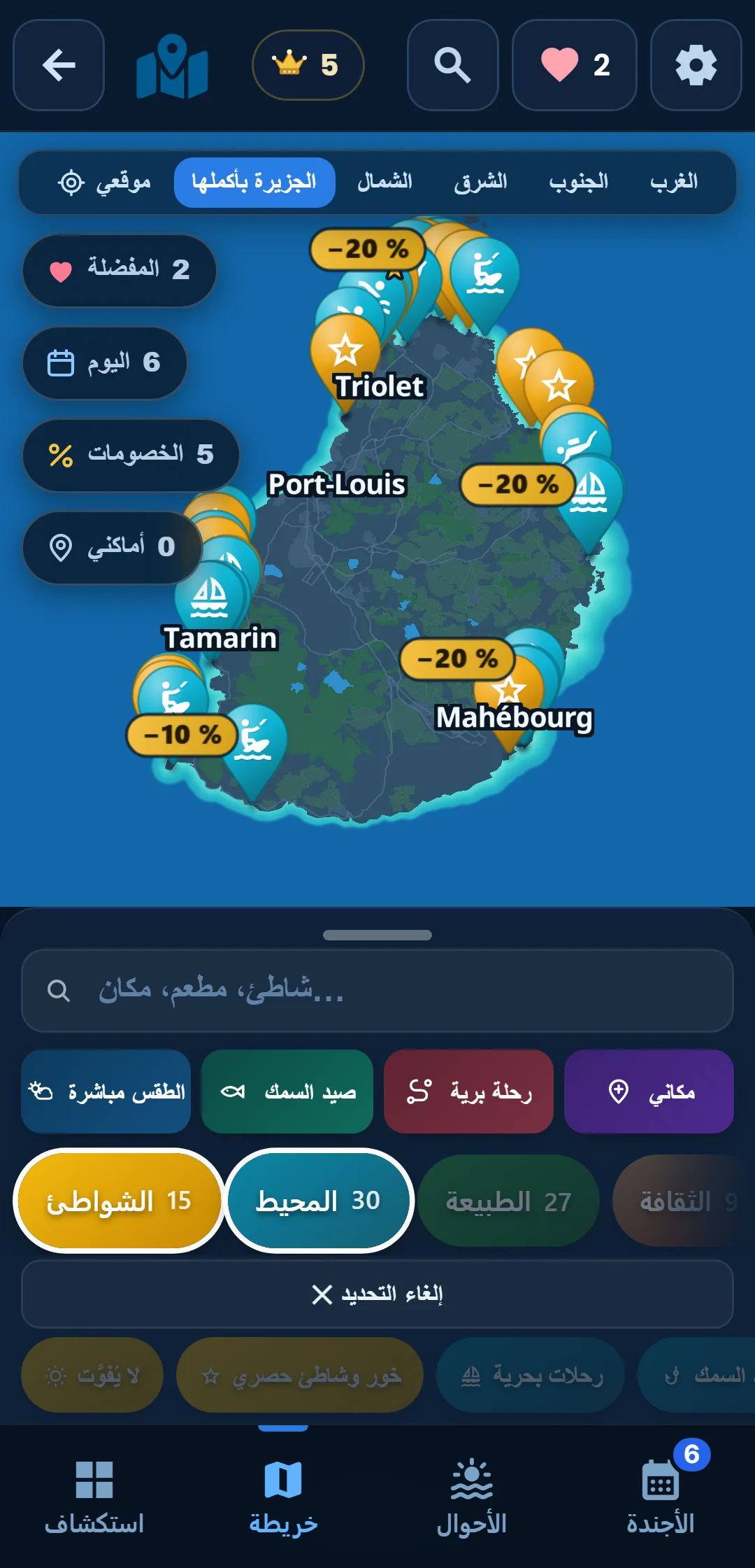 الفئات الفرعية — كل فئة تتفرّع: في « المحيط » احتفظ بالغطس السطحي فقط.