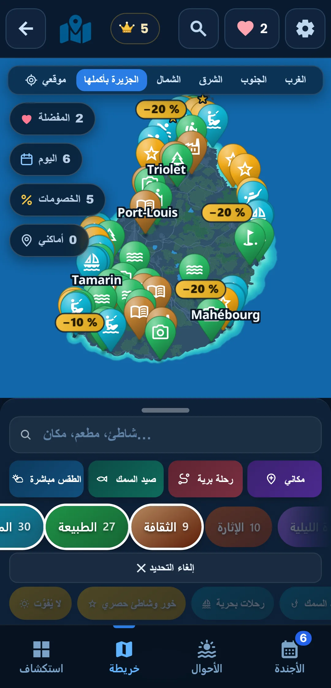 الفئات الفرعية — كل فئة تتفرّع: في « المحيط » احتفظ بالغطس السطحي فقط.