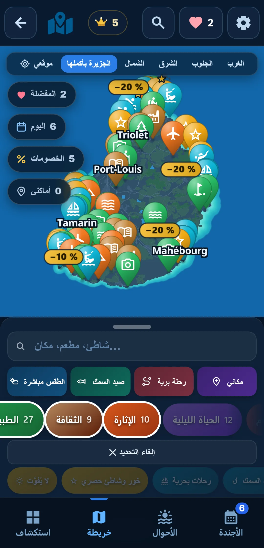 الفئات الفرعية — كل فئة تتفرّع: في « المحيط » احتفظ بالغطس السطحي فقط.