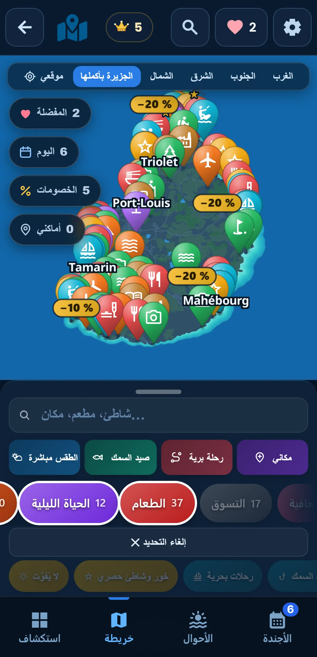 الفئات الفرعية — كل فئة تتفرّع: في « المحيط » احتفظ بالغطس السطحي فقط.