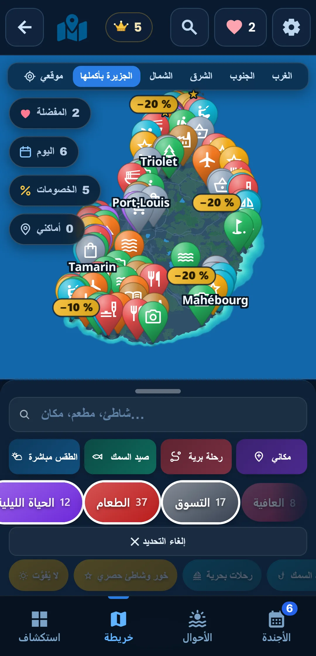 الفئات الفرعية — كل فئة تتفرّع: في « المحيط » احتفظ بالغطس السطحي فقط.