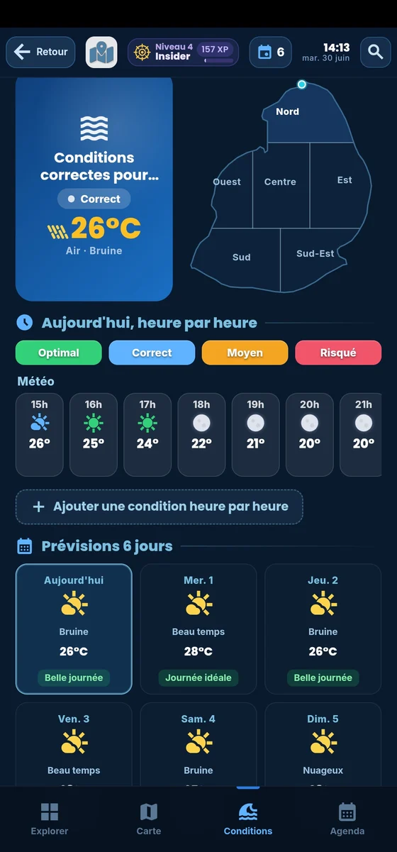 Conditions de la mer par région dans l'app Moris Insider