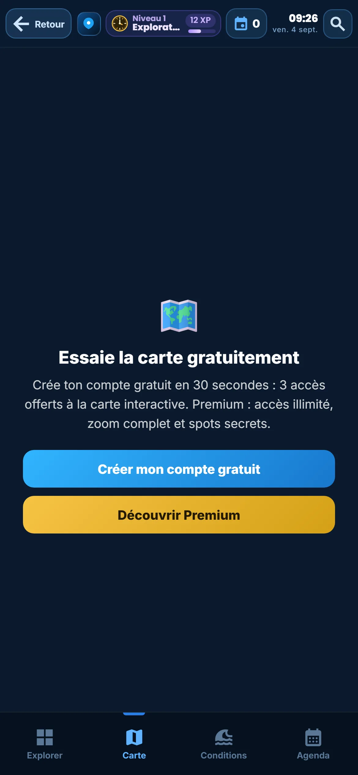 Der Kartenbildschirm der Moris-Insider-App, der zum Anlegen eines Kontos für den Test auffordert