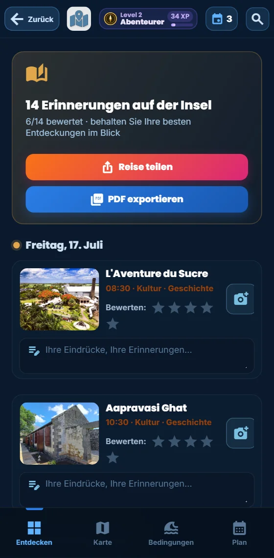 Das Reisetagebuch der Moris-Insider-App: vergangene Ausflüge nach Tagen sortiert, mit Sternen, Fotos und Notizfeld