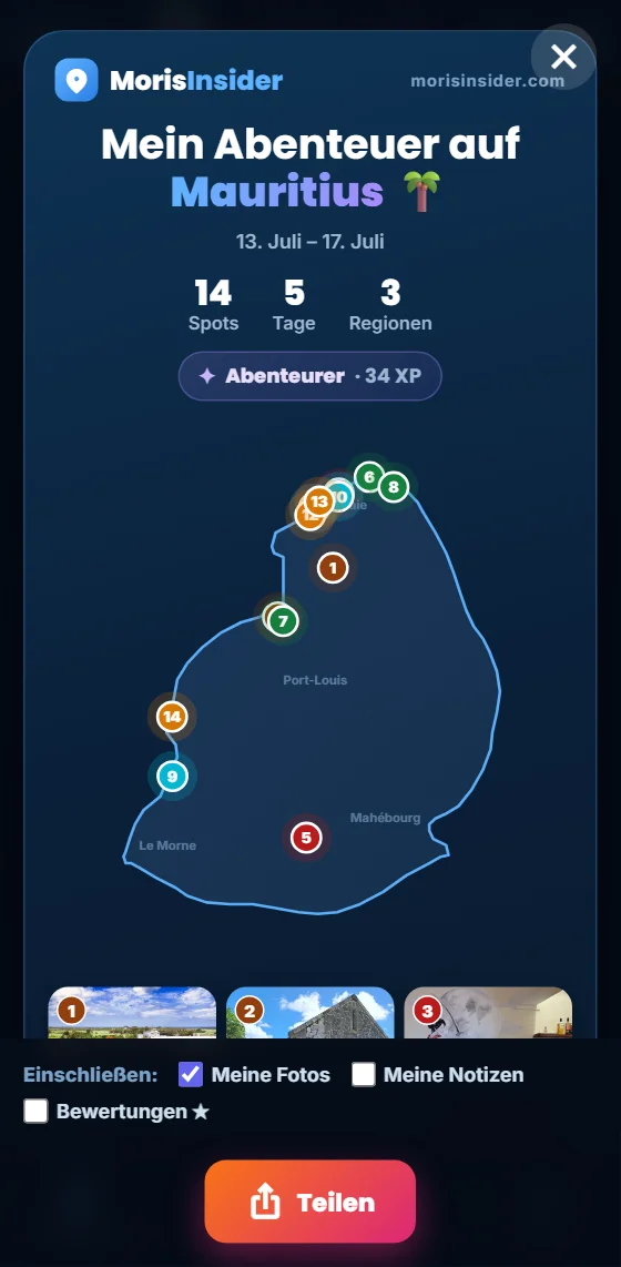 Die Teilen-Vorschau des Tagebuchs: Titel, Zeitraum, Zahl der Spots, Tage und Regionen, Karte von Mauritius und die Kästchen