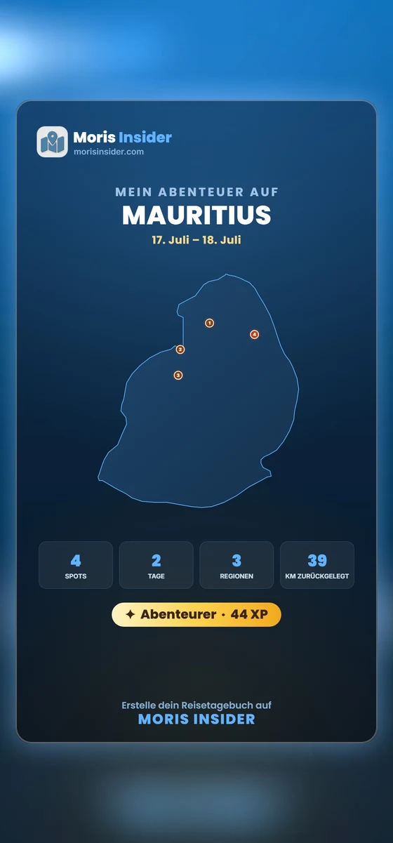 Das von der App erzeugte Story-Bild: Karte von Mauritius, nummerierte Spots, Zähler für Spots, Tage, Regionen und Kilometer