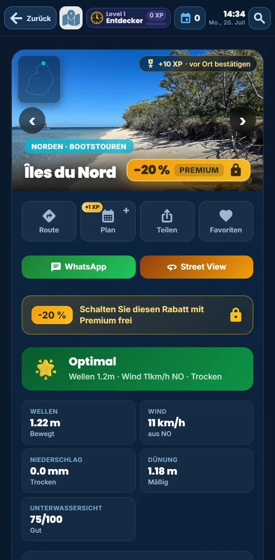 Ein Ausflug zu den Nordinseln in der Moris-Insider-App, mit −20 % Premium-Rabatt