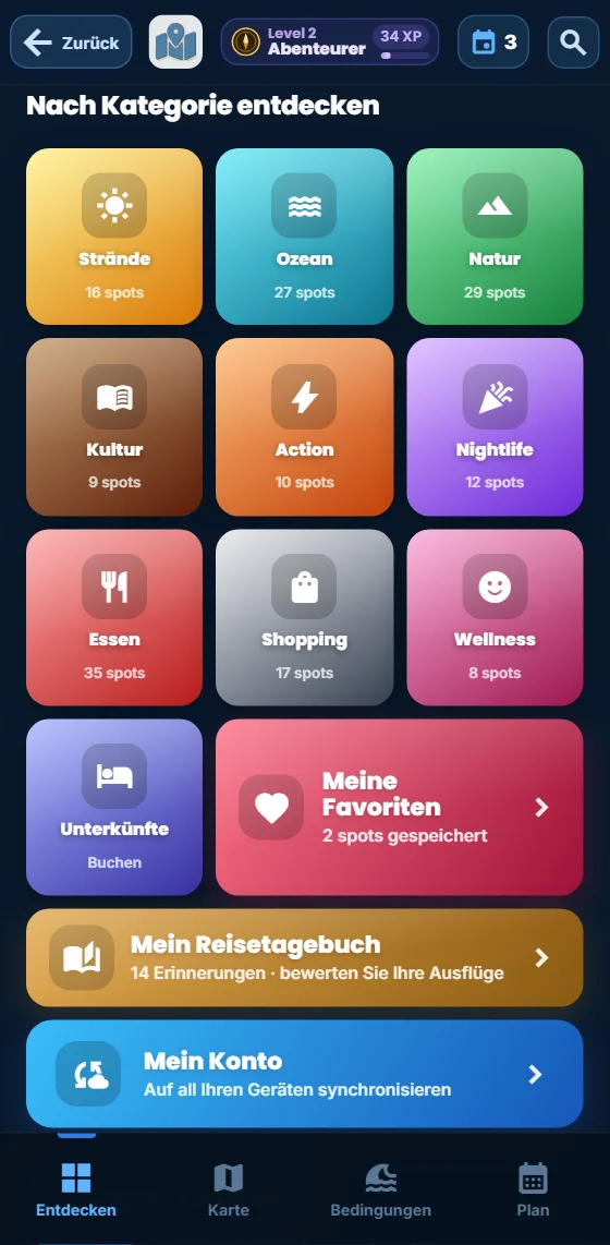 Erlebniskategorien in der App Moris Insider