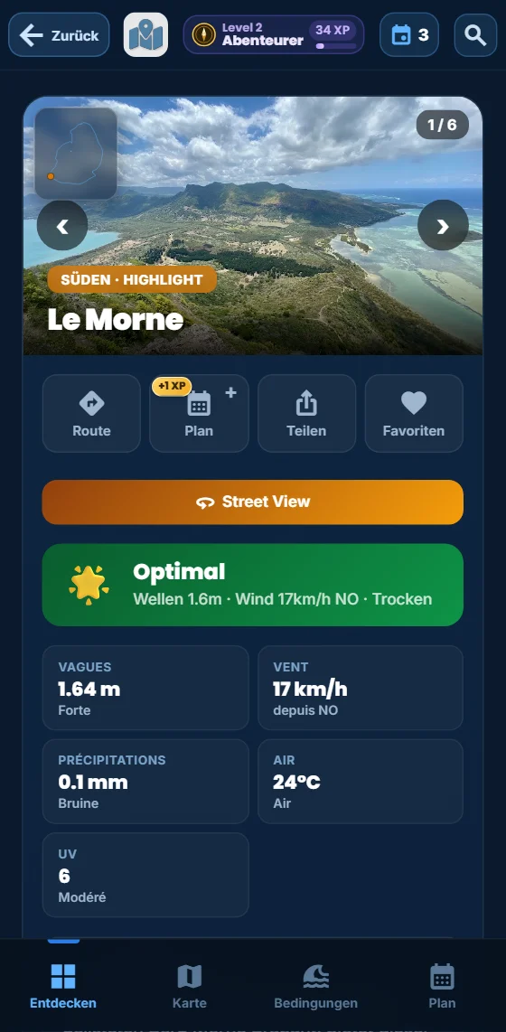 Detailseite von Le Morne in der App Moris Insider
