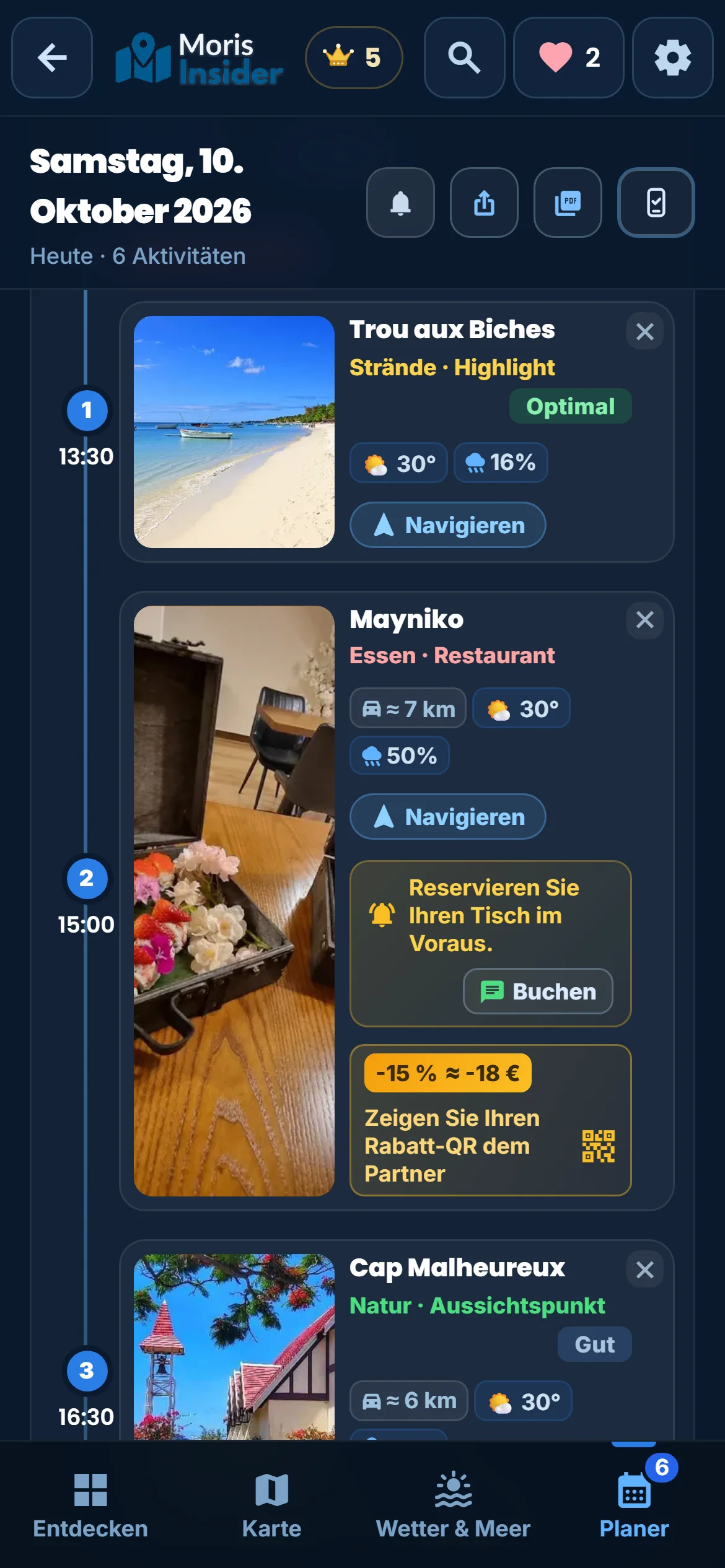 Der Tagesablauf — Ihre Aktivitäten nacheinander, mit Fahrzeit, Wetter und Reservierung, wenn nötig.