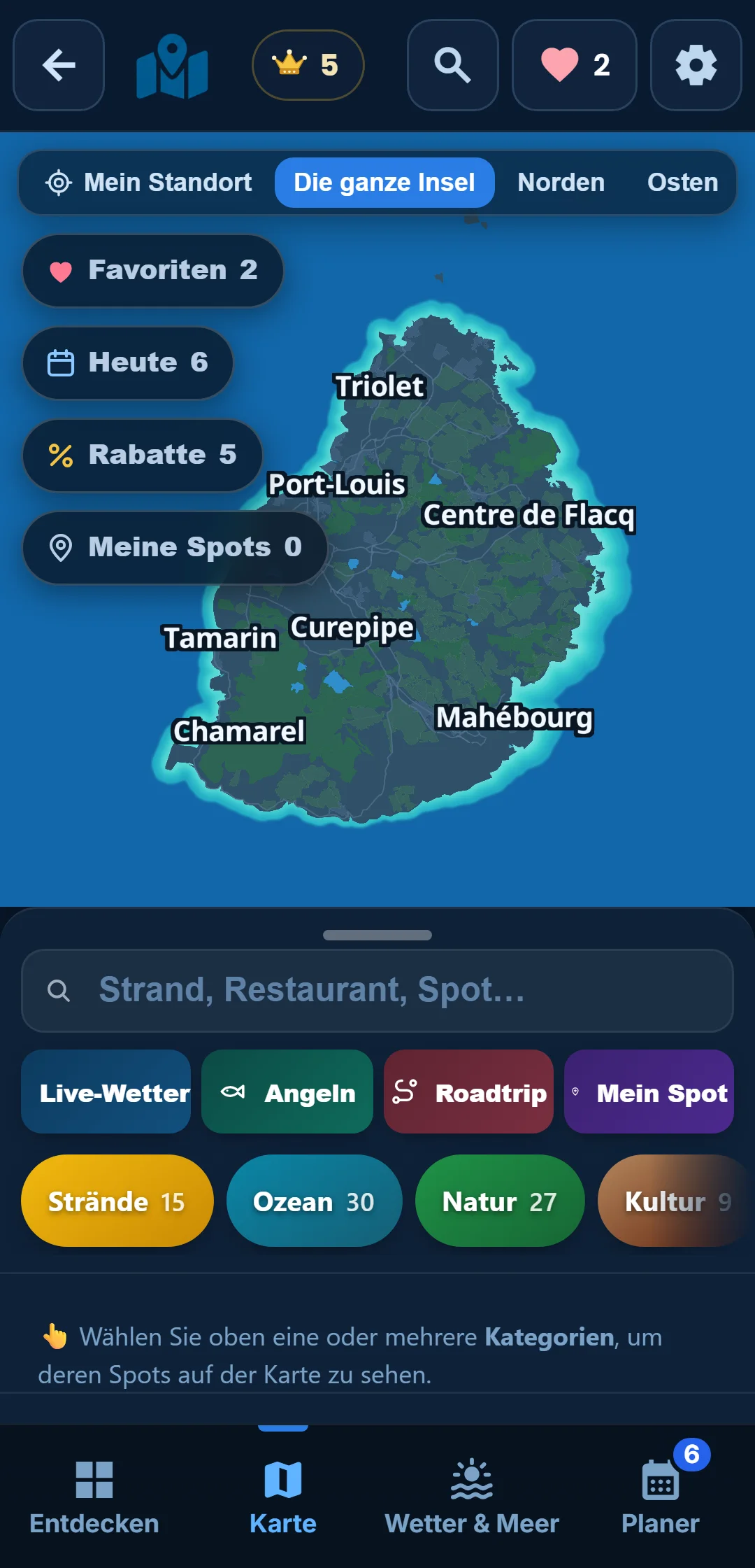 Die Karte — Eine aufgeräumte Karte der Insel. Sie zeigen nur, was Sie sehen wollen.