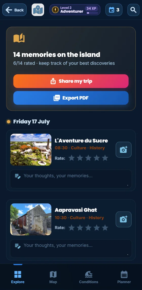The travel journal in the Moris Insider app: past outings grouped by day, with stars, photos and a notes field