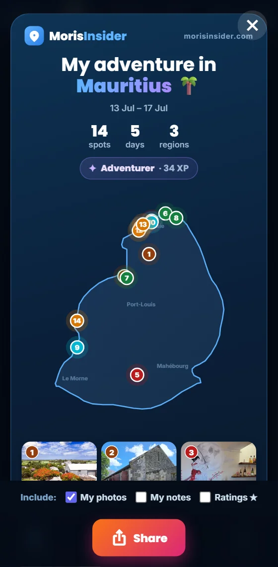 The journal share preview: title, dates, number of spots, days and regions, map of Mauritius and the checkboxes